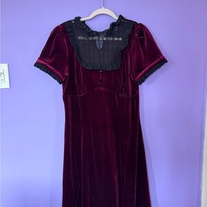 Velvet Burgundy Dress with Black Lace Trim